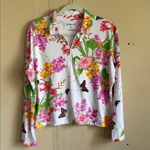 IBKUL White Floral Zip-Front Long Sleeve Top with Pink, Yellow & Green